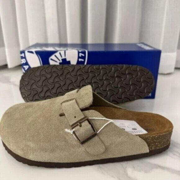 Birkenstock Boston Taupe Suede Clog Sandal - Picture 1 of 6